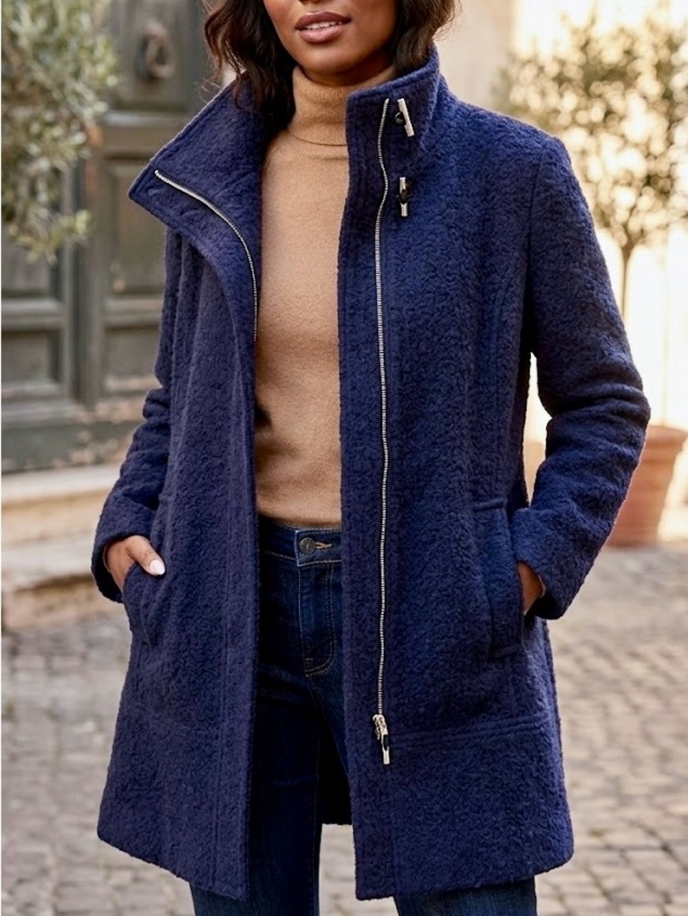 Calvin Klein Navy Blue Wool Blend asymmetric Zip High Collar Coat